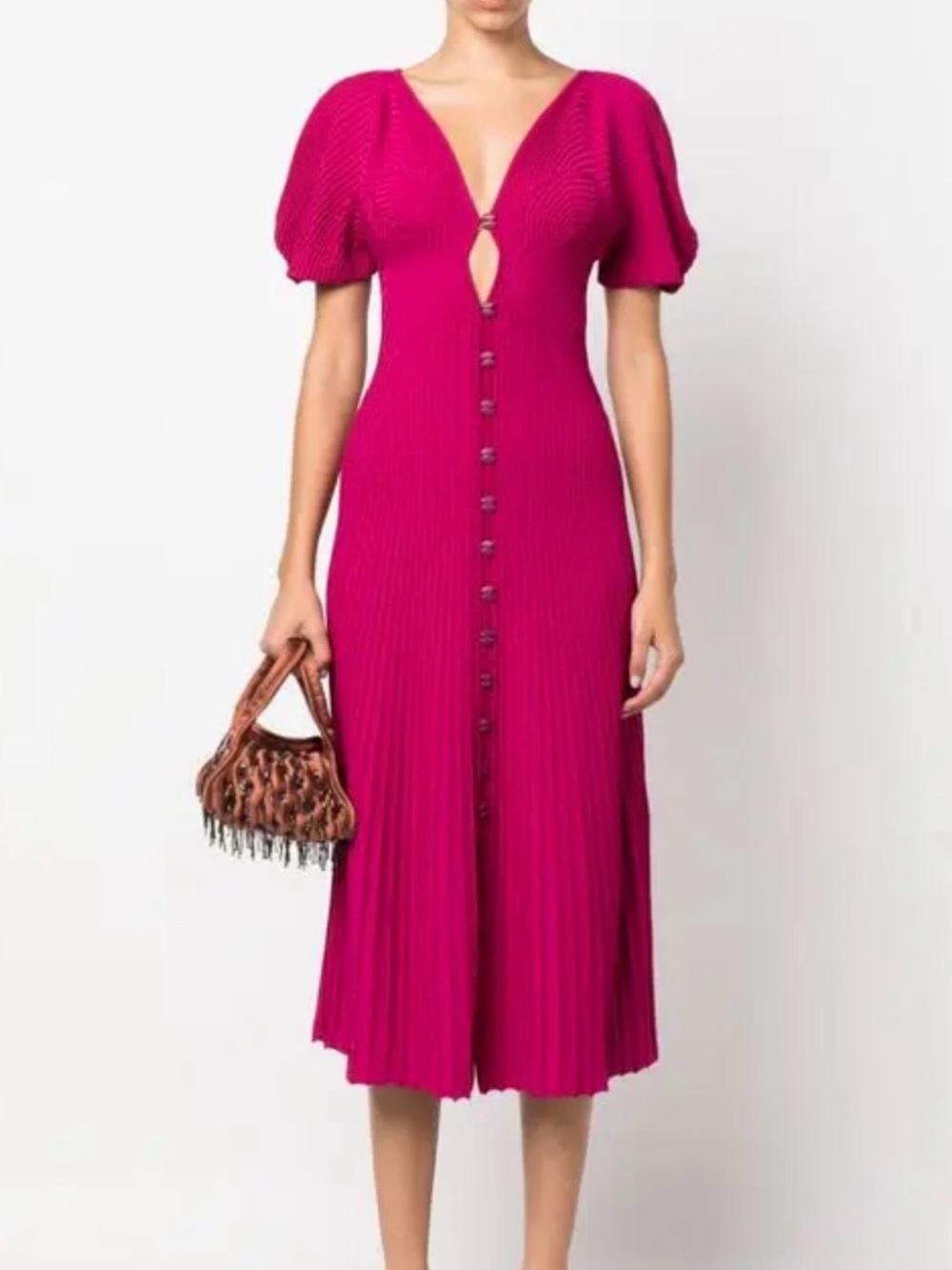 NWOT Cult Gaia Fuchsia Button-Front Midi Dress with Puff Sleeves XS